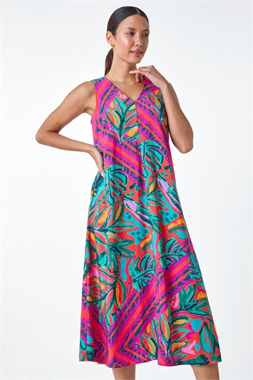 Tropical Leaf Print A-Line Midi Dress 14519478