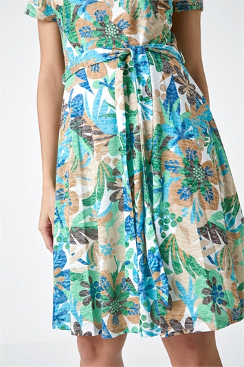 Tropical Print Belted Skater Dress 14361534