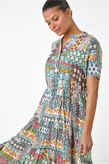 Patchwork Print Pocket Tiered Shirt Dress 14593745