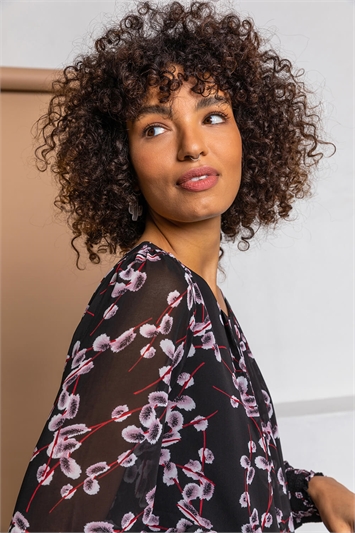 Floral Print Pleated Neck Top 20070508