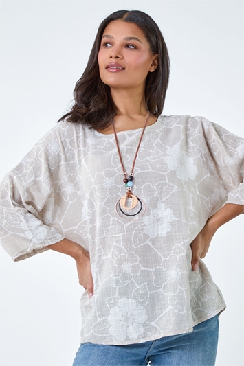 Floral Print Cotton Top with Necklace 20161988