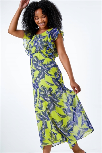 Petite Tropical Print Frill Sleeve Midi Dress 14278649
