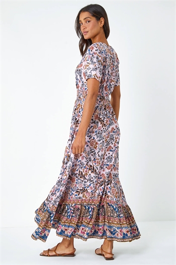 Floral Border Shirred Waist Maxi Dress 14356246