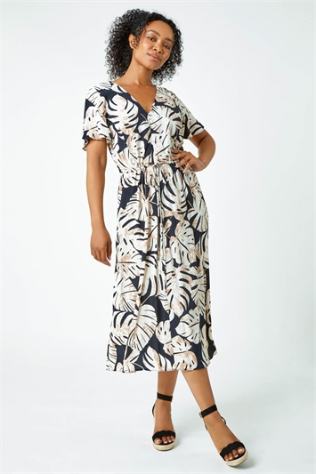 Petite Leaf Print Tie Waist Maxi Dress 14281108