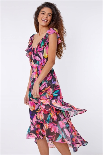 Floral Shirred Waist Ruffle Midi Dress 14249508