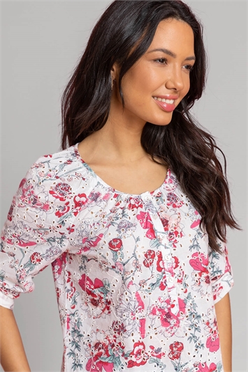 Broderie Floral Print Button Top 20081472