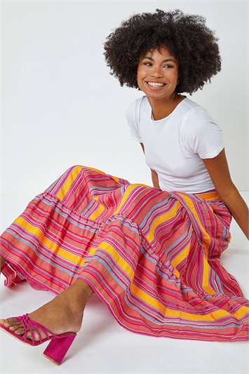 Tiered Striped Elastic Waist Maxi Skirt 17030832