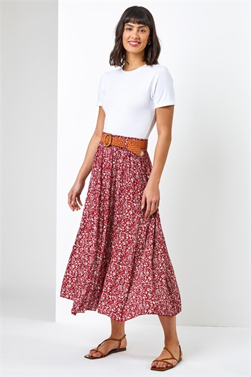Ditsy Floral Belted Elastic Waist Midi Skirt 17027578