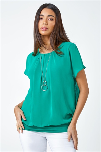 Chiffon Jersey Blouson Top with Necklace 19232039