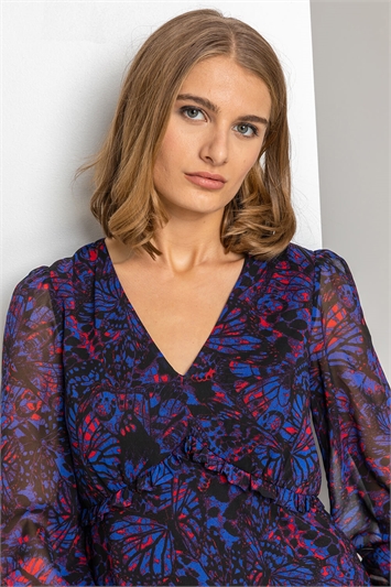 Abstract Butterfly Print Frill Detail Blouse 20078809