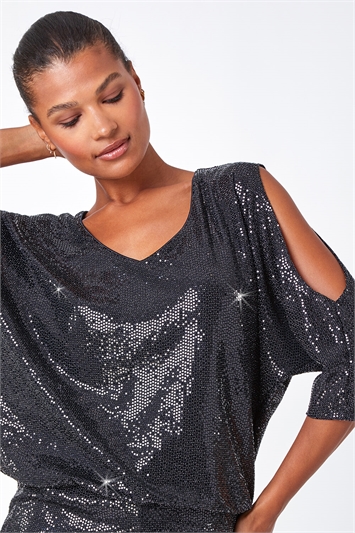 Cold Shoulder Sequin Stretch Top lc190004