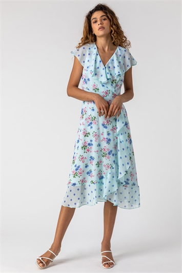Floral Spot Print Frill Wrap Dress in Blue - Roman Originals UK