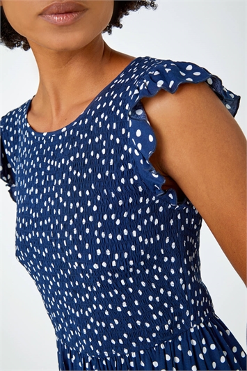 Frill Sleeve Spot Shirred Midi Dress 14355660