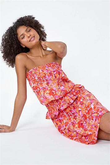 Floral Elastic Waist Shirred A Line Mini Skirt 17045664