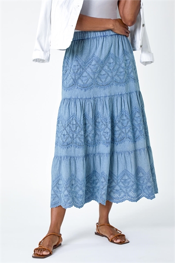 Broderie Elastic Waist A Line Tiered Midi Skirt 17041429