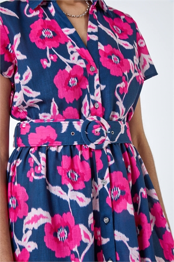 Floral Linen Look Belted Shirt Dress 14545572