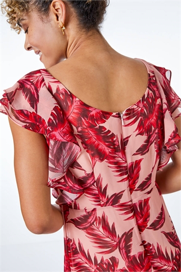 Petite Tropical Print Frill Sleeve Midi Dress 14278672