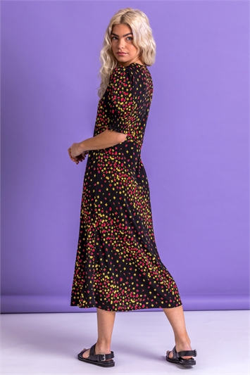 Floral Shirred Sleeve Midi Dress 14148608