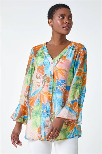 Tropical Print Frill Sleeve Top 10128664