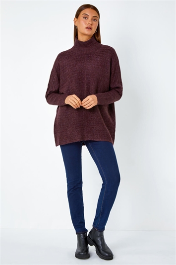Cable Knit Roll Neck Stretch Longline Jumper 16093574