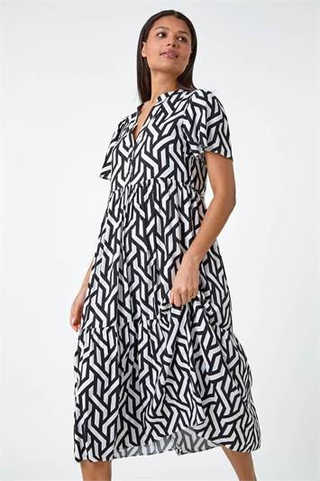 Geometric Print Tiered Midi Dress 14542108