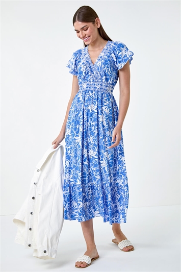 Floral Print Shirred Midi Dress 14529880