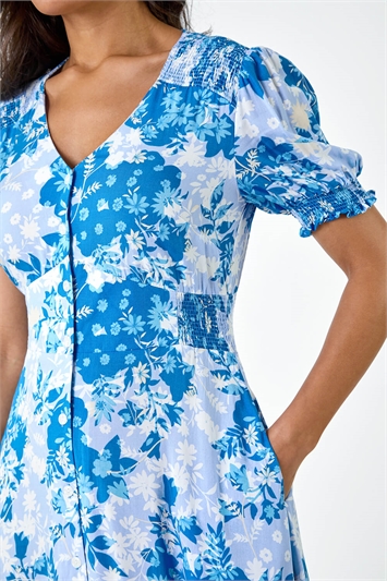 Button Through Floral Shirred Midi Dress 14554709