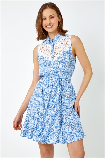 Sleeveless Lace Trim Floral Shirt Dress 14371045