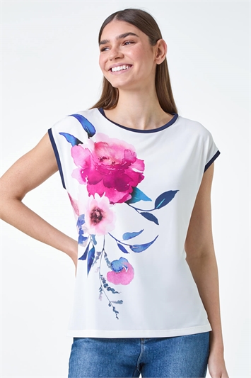 Floral Contrast Trim Stretch Jersey T-Shirt 19295272