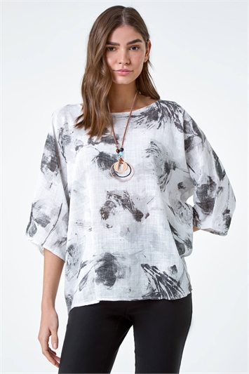 Sketchy Floral Print Cotton Top and Necklace 20162138