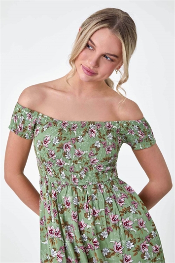 Petite Floral Shirred Bardot Midi Dress 14494440