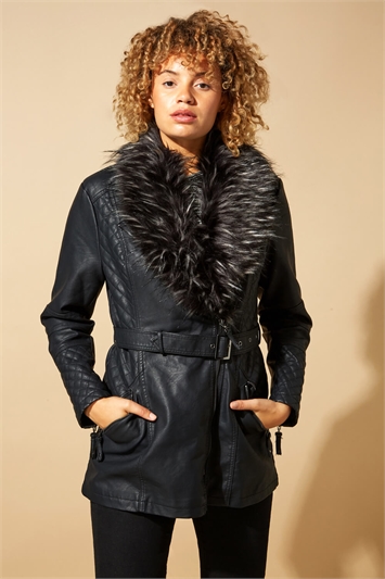 Longline Faux Leather Belted Coat 12012408