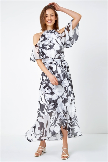 Floral Cold Shoulder Chiffon Maxi Dress 14366208