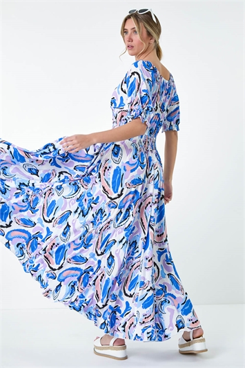 Shirred Waist Abstract Print Maxi Dress 14559609