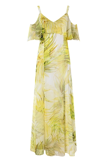 Leaf Print Cold Shoulder Chiffon Maxi Dress 14056097