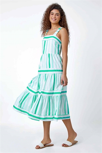 Cotton Stripe Print Tiered Maxi Dress 14489556