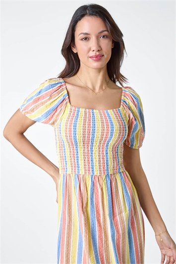 Stripe Shirred Puff Sleeve Cotton Dress 14361996