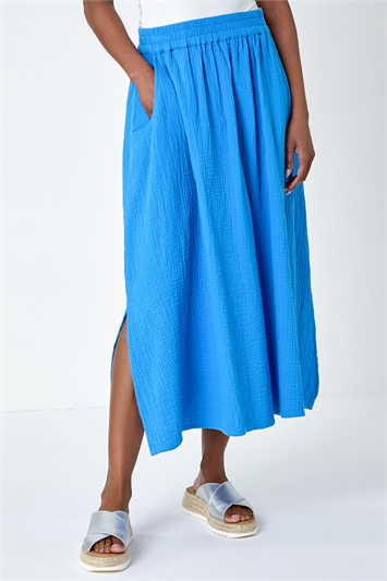 Textured Cotton Elastic Waist A Line Maxi Skirt 17041109