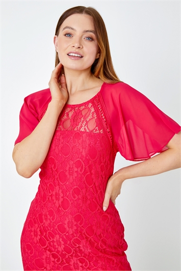 Chiffon Angel Sleeve Stretch Lace Midi Dress 14394117