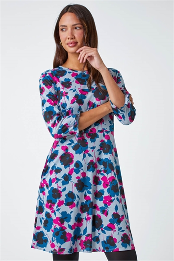 Floral Print Frill Sleeve Stretch Dress 14467991