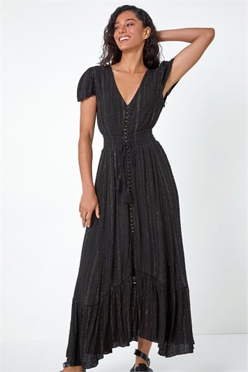 Button Front Shimmer Stripe Maxi Dress 14559108