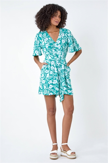 Floral Print Belted Wrap Playsuit 14513492