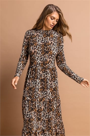 High Neck Leopard Print Midi Dress 14199616