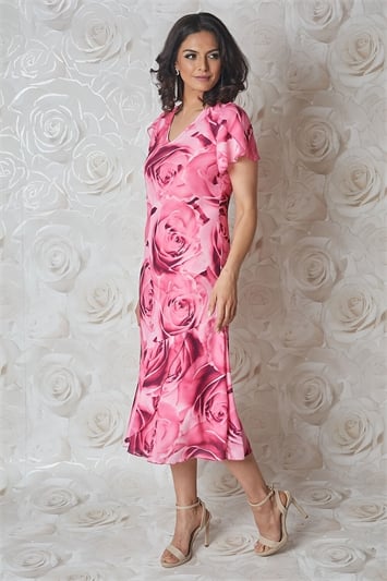 Rose Print Bias Cut Chiffon Midi Dress g9207cer
