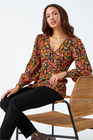 Textured Floral Print Ruched Top 19213501