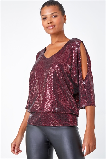 Cold Shoulder Sequin Stretch Top lc190005