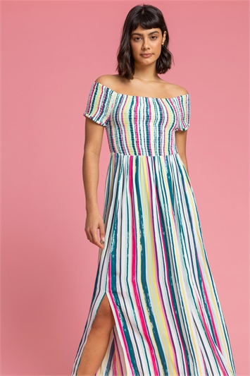 Shirred Stripe Print Bardot Dress 14214534