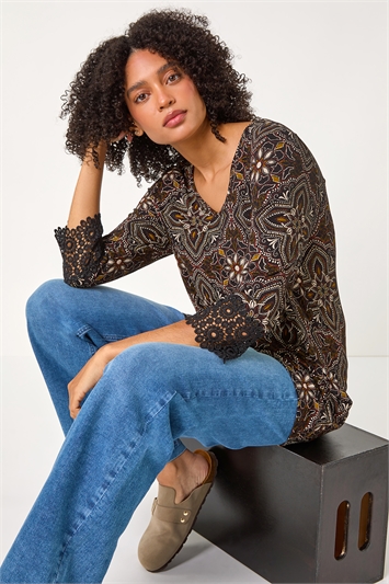 Abstract Print Lace Detail Tunic Top