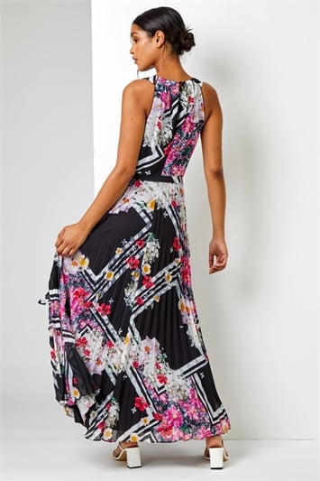 Floral Border Pleated Chiffon Maxi Dress 14278708
