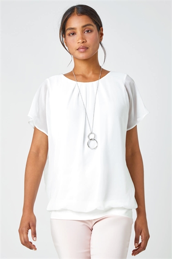 Chiffon Jersey Blouson Top with Necklace 19232038
